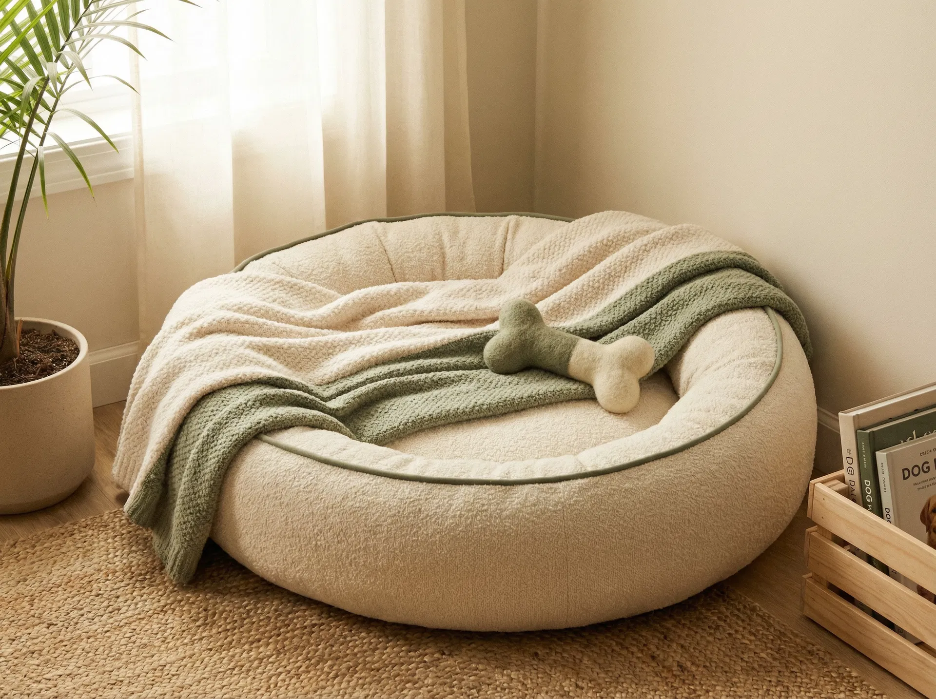 A cozy, calming dog safe space with a soft bed