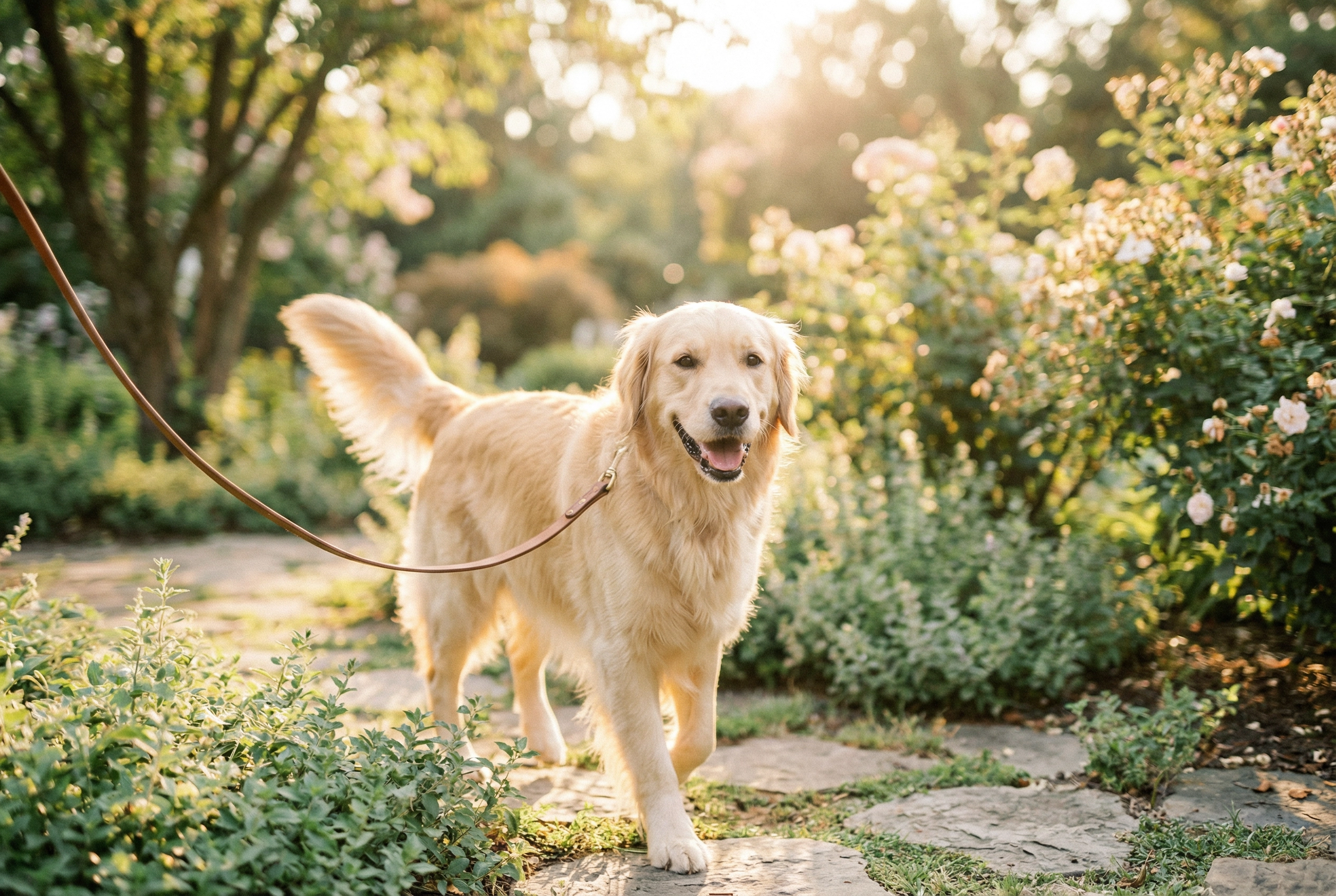 A calm dog on a relaxed walk in nature