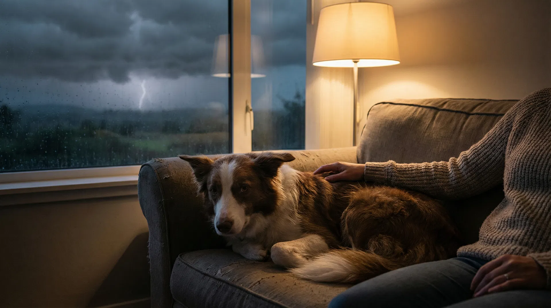 A border collie resting with its owner during a thunderstorm, looking out at lightning through the window