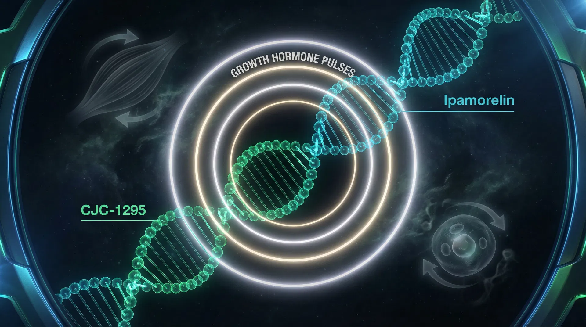 CJC-1295 and Ipamorelin peptide molecules in double helix with growth hormone pulses