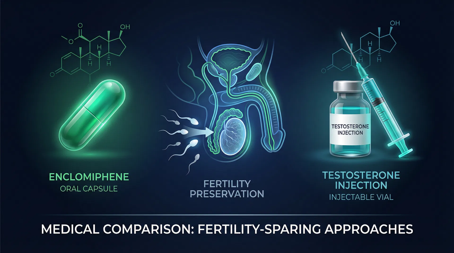 Enclomiphene capsule vs testosterone injection with fertility preservation diagram