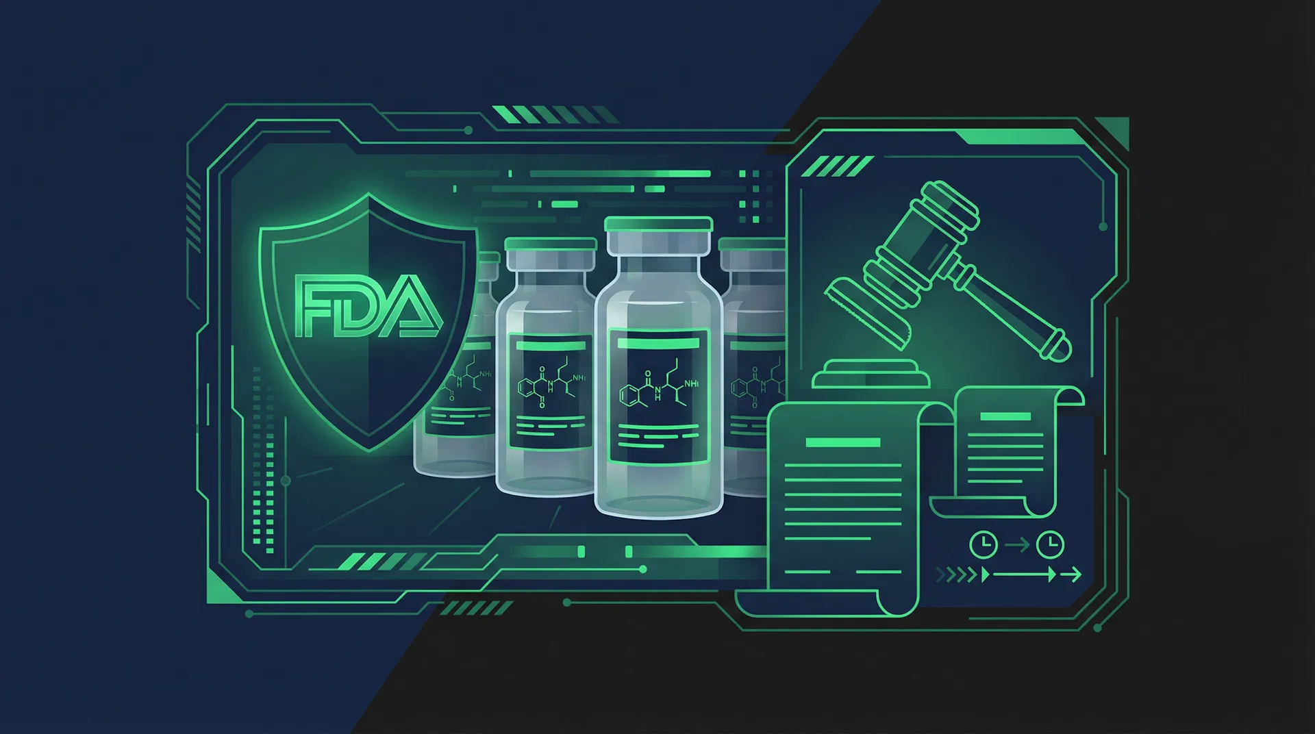 FDA regulatory illustration with peptide vials gavel and policy documents