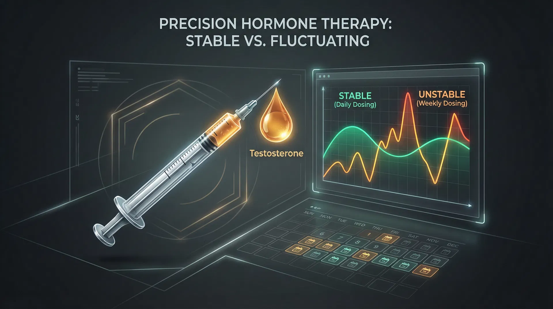 Microdosing TRT syringe with stable vs fluctuating hormone level graph