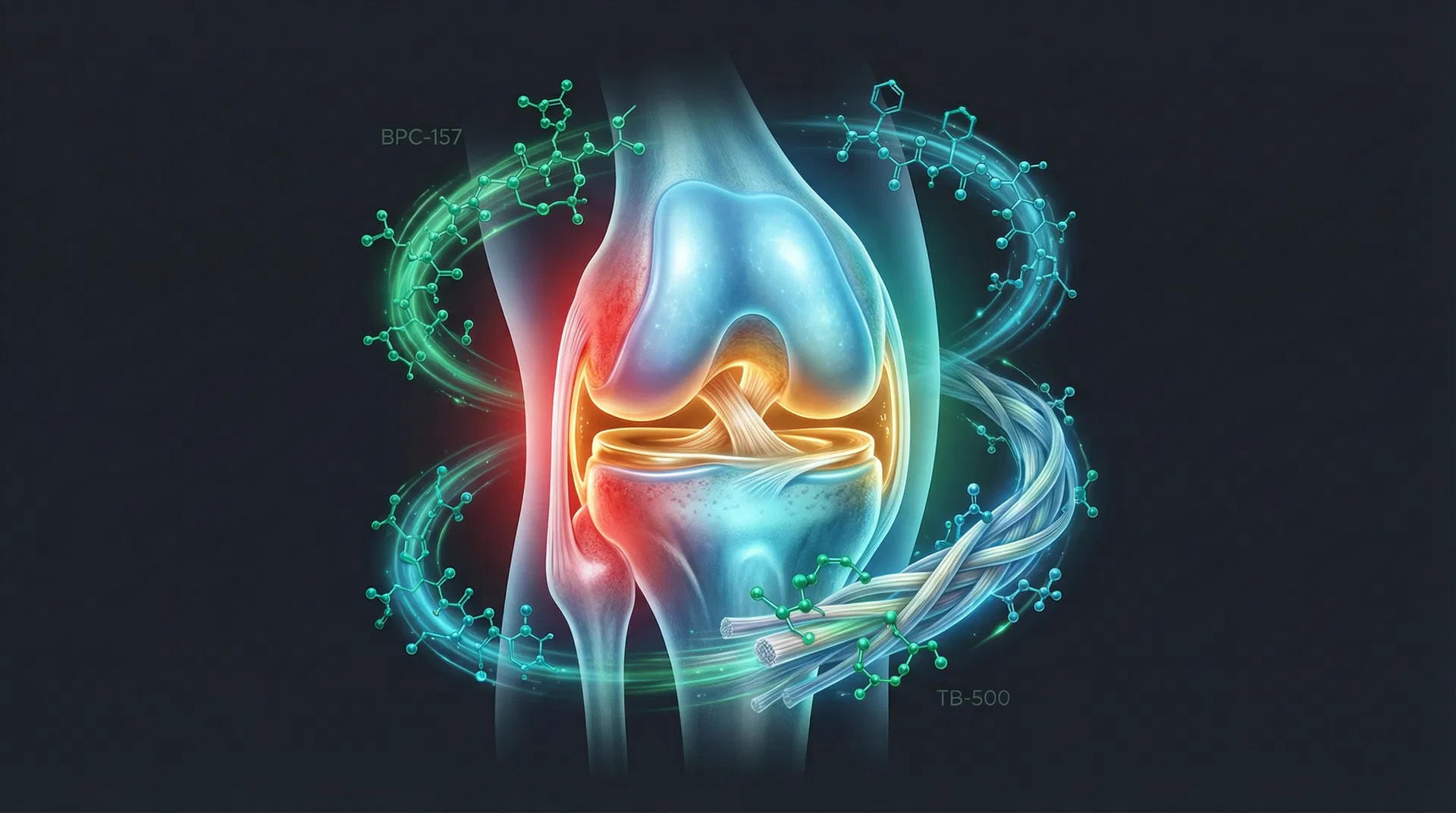 BPC-157 and TB-500 peptide molecules orbiting knee joint promoting healing