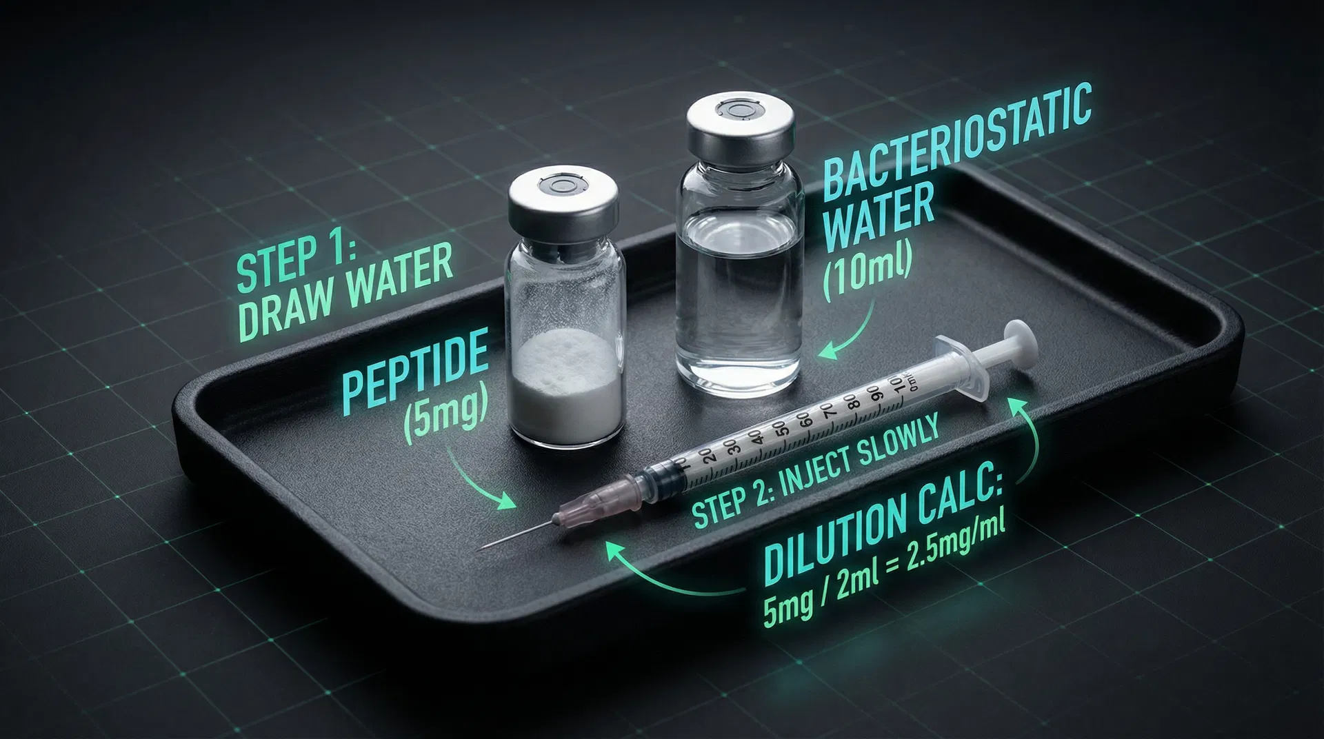 Peptide reconstitution setup with vials syringe and bacteriostatic water on dark tray