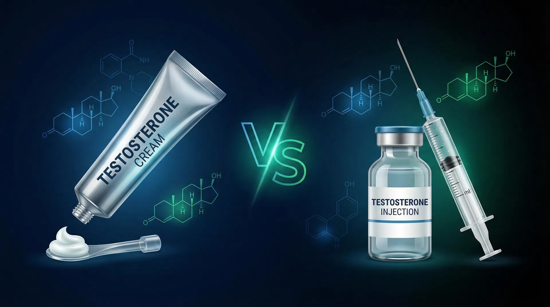 Testosterone cream tube vs injection vial with molecular structures on dark background