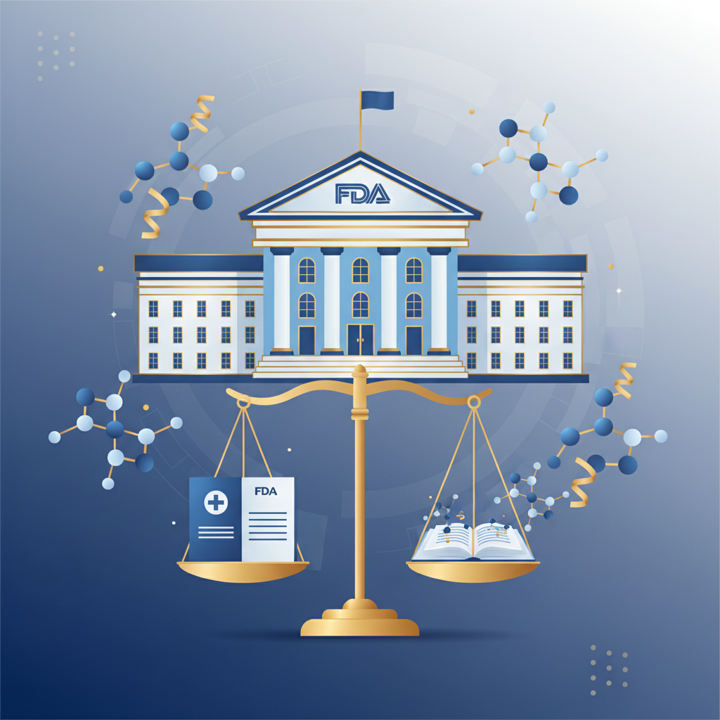 FDA building with peptide molecular structures representing 2026 reclassification