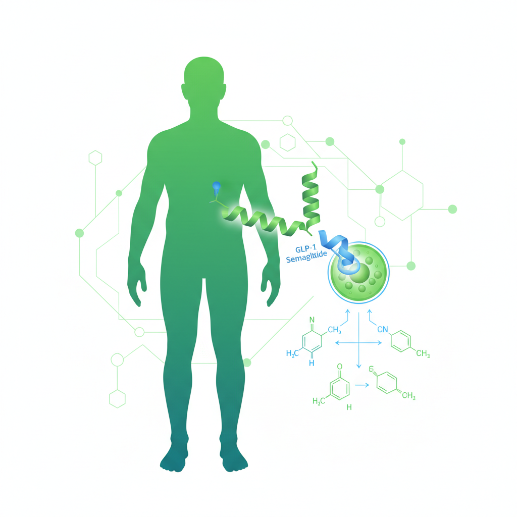 Weight loss peptide mechanisms showing GLP-1 receptor binding and fat metabolism