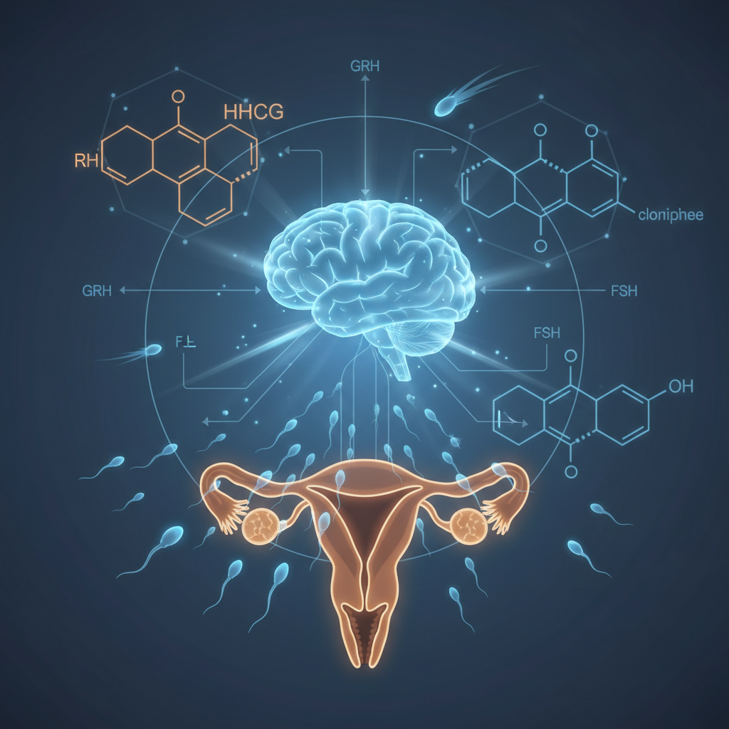 TRT and fertility showing hormone balance with HCG and enclomiphene molecules