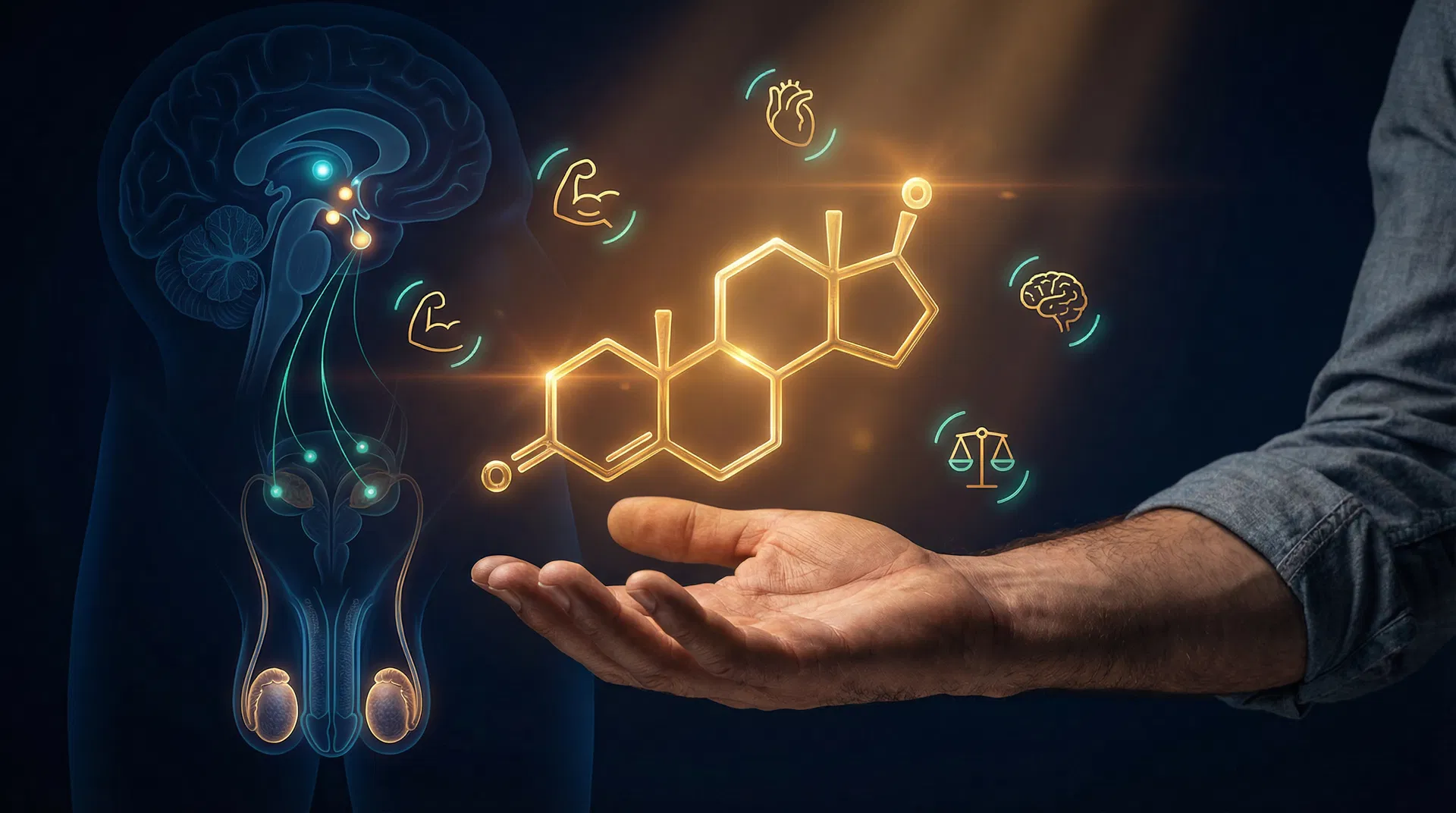 Comprehensive testosterone replacement therapy guide illustration showing testosterone molecular structure with endocrine system and therapeutic benefit icons