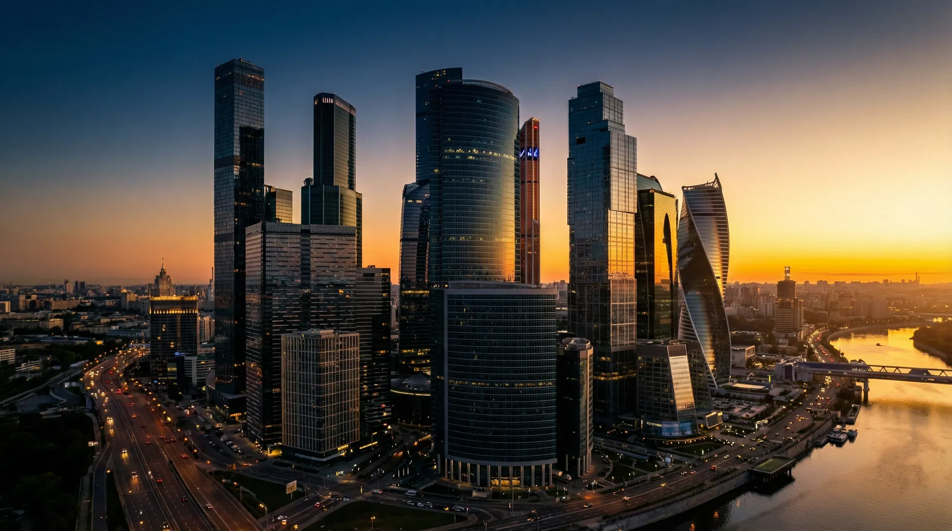 Distrito financeiro ao entardecer