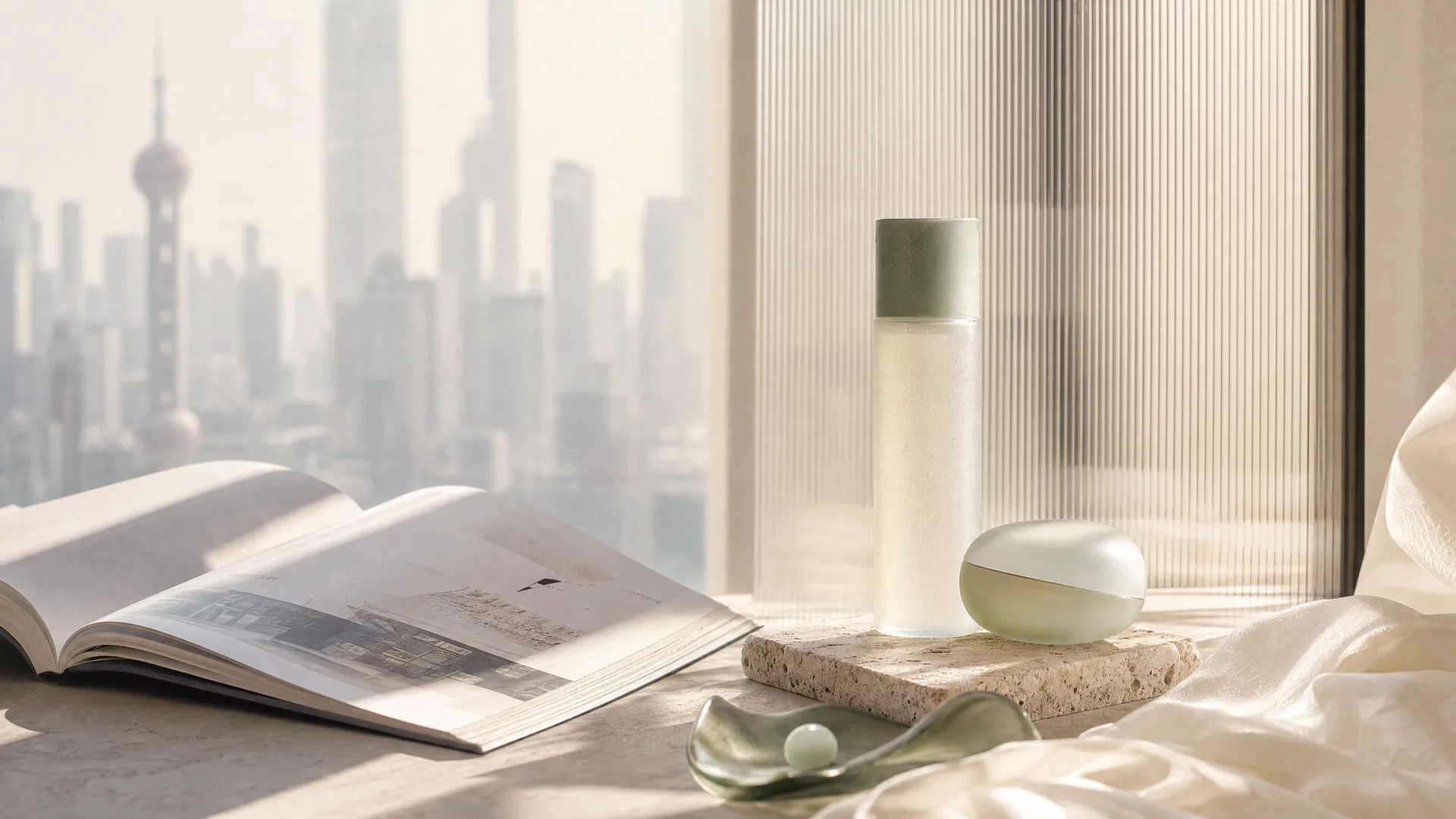Modern Chinese beauty editorial with skincare and city light