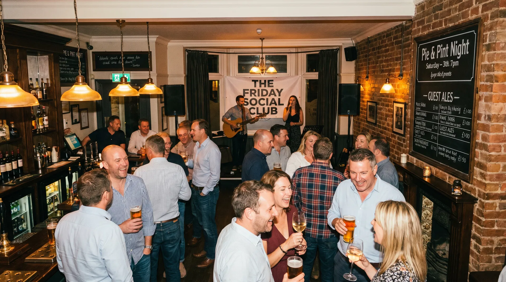 Busy pub with live covers band performing