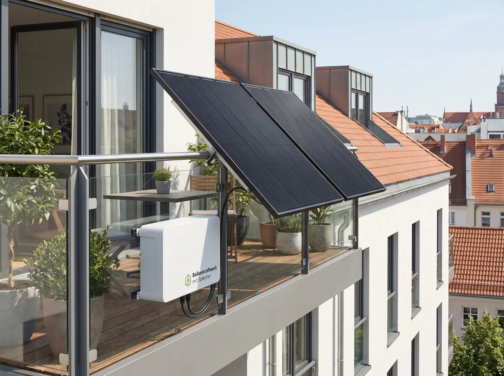Balkonkraftwerk mit Speicher an Balkongeländer montiert