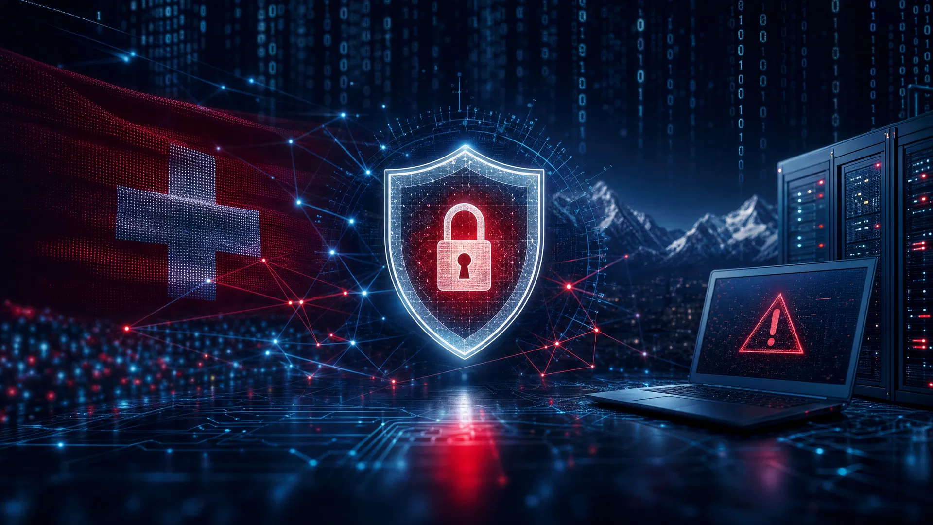 Digitales Schutzschild mit Schweizer Kreuz und Warnsignalen symbolisiert Cyberangriffe auf KMU