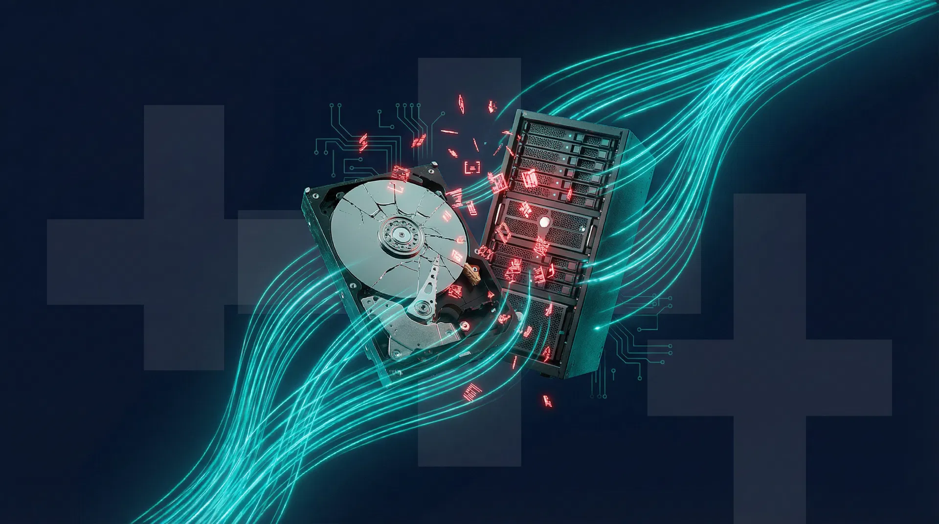 Gebrochene Festplatte mit Daten-Wiederherstellungsströmen – Datenverlust Schweiz