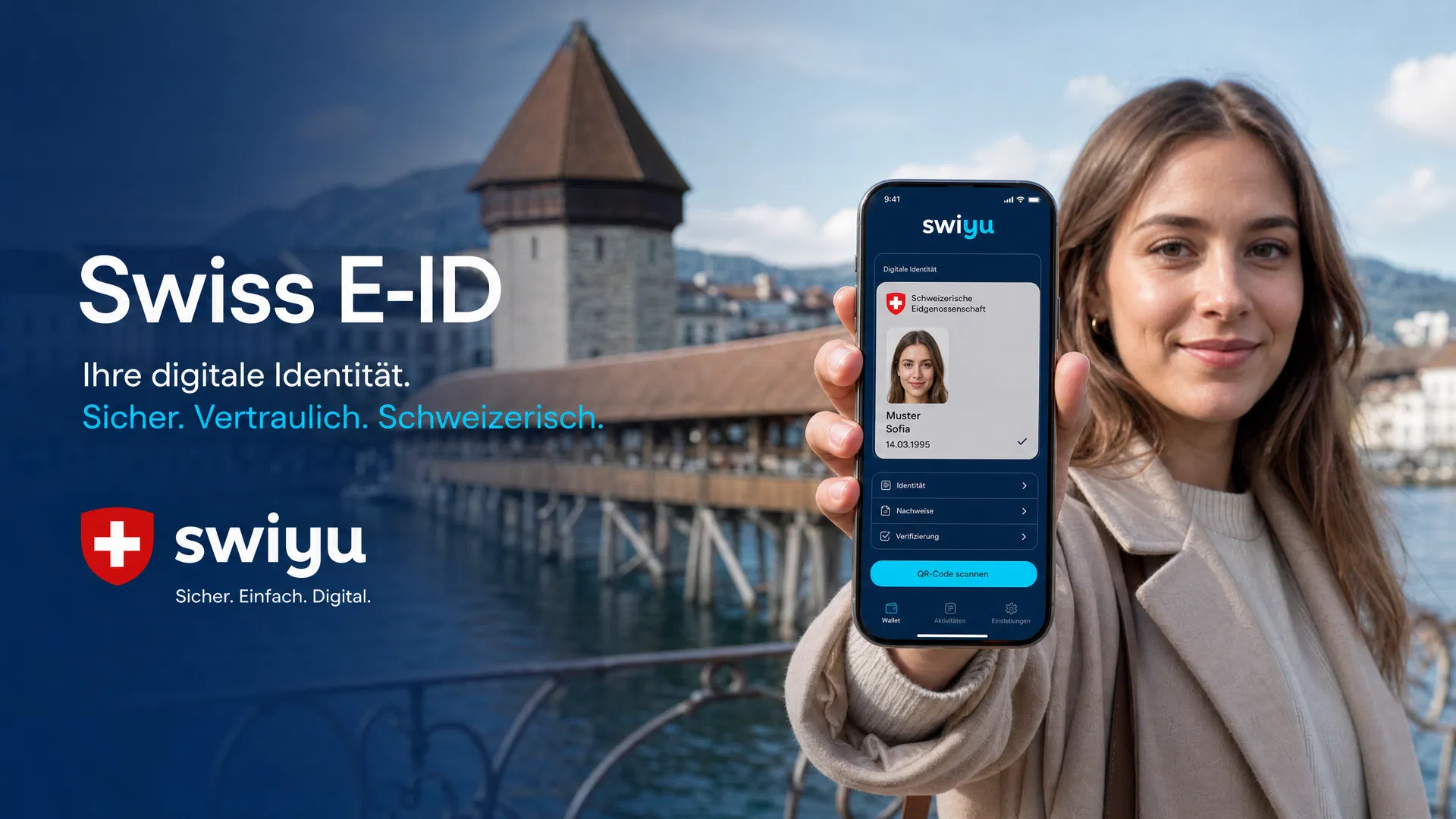 Smartphone mit swiyu Wallet und Kapellbrücke Luzern im Hintergrund – Schweizer E-ID für KMU