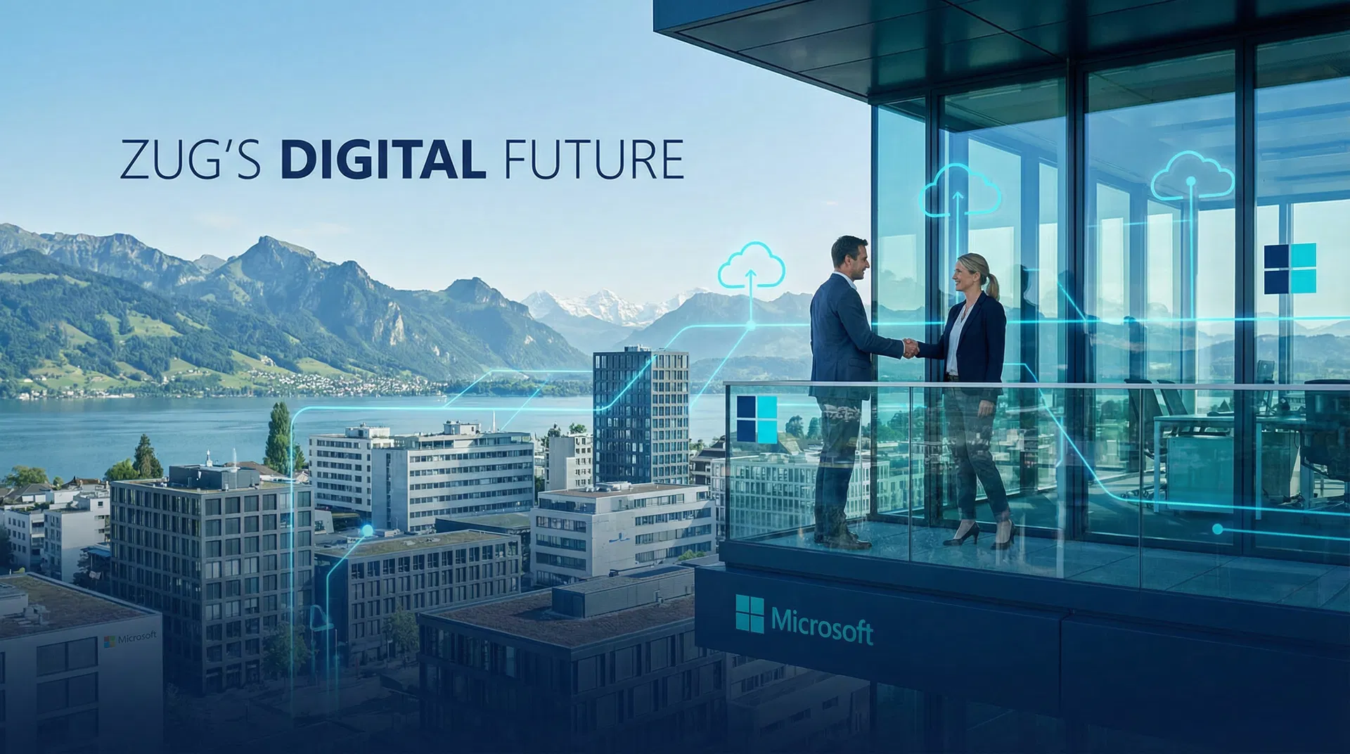 IT-Beratung im Kanton Zug: Zwei Geschäftsleute beim Handschlag vor dem Zugersee mit Bergen im Hintergrund und digitalen IT-Symbolen