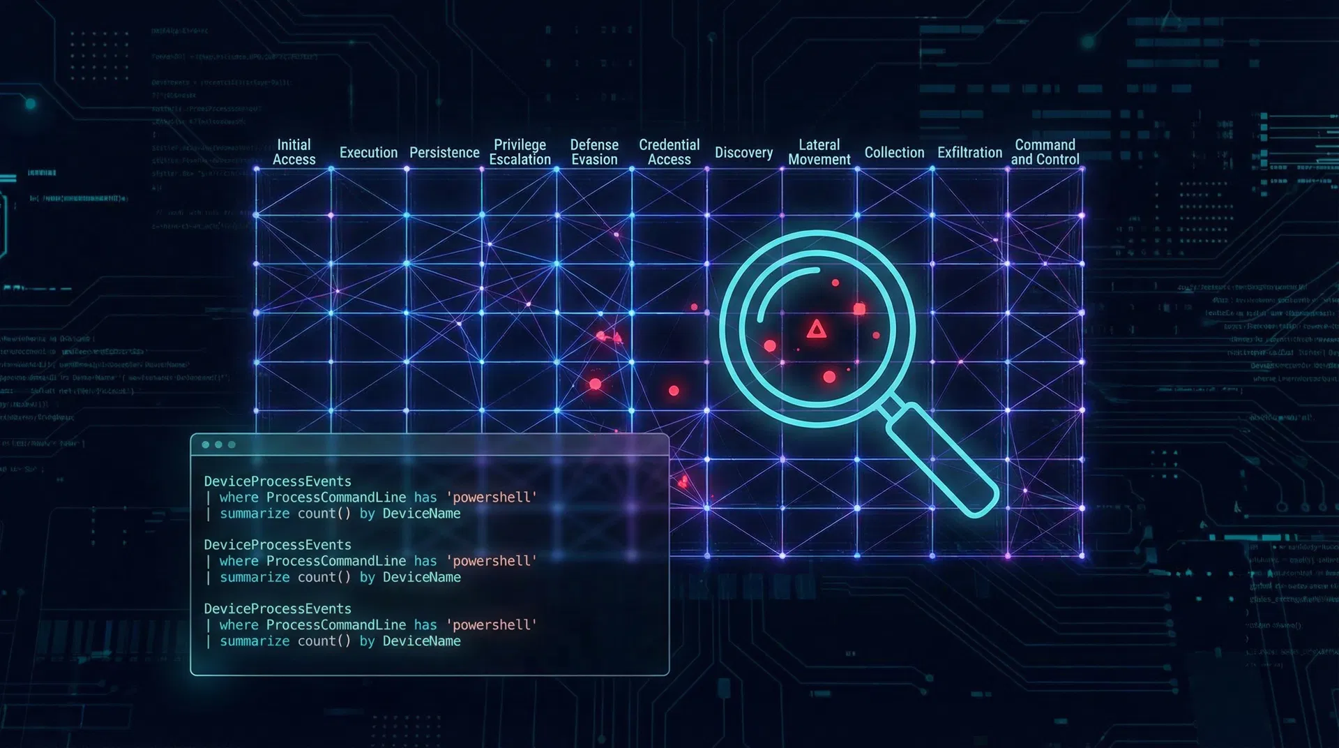 MITRE ATT&CK Taktiken-Grid mit KQL-Terminal und Lupe – proaktive Bedrohungssuche in Microsoft Sentinel