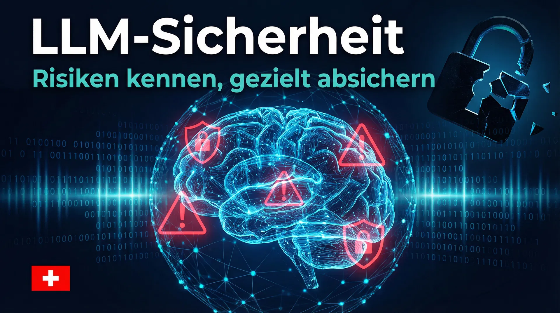 LLM-Sicherheit: Neuronales Netz mit Warnsymbolen und gebrochenem Schloss – Risiken und Absicherung von KI-Systemen
