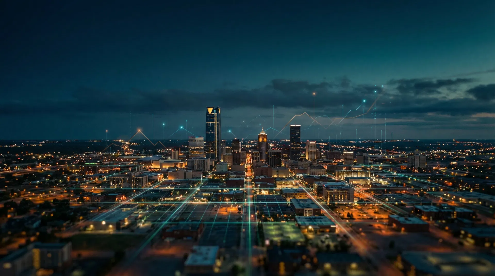 Oklahoma City skyline with digital marketing data overlay — Perfectly Optimized