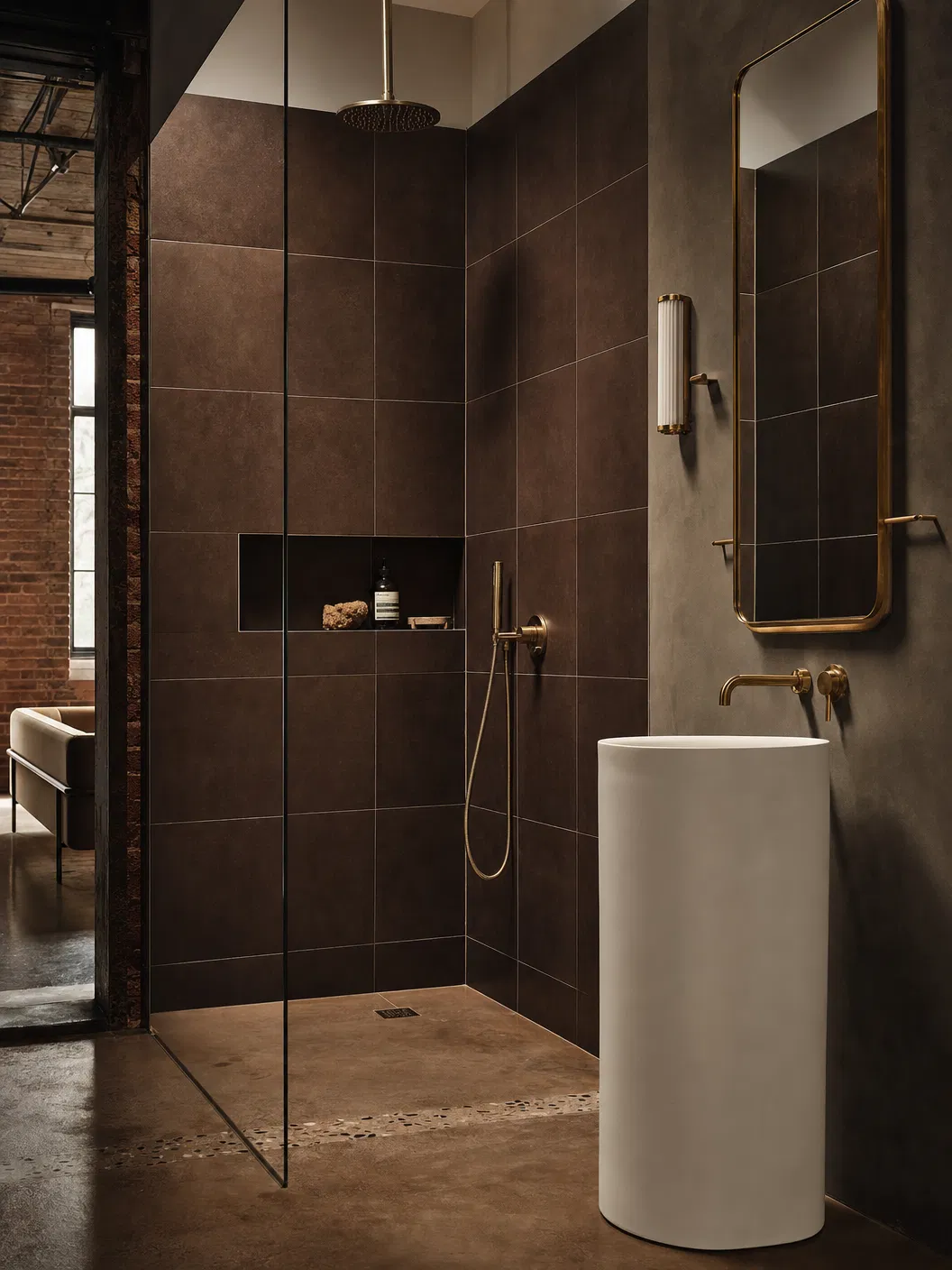 Factory Floor bathroom with dark tiles and brass fittings
