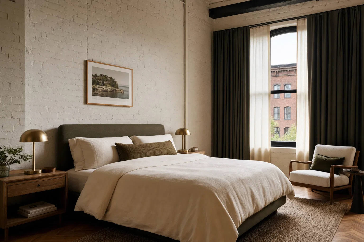 Factory Floor bedroom with queen bed and linen sheets
