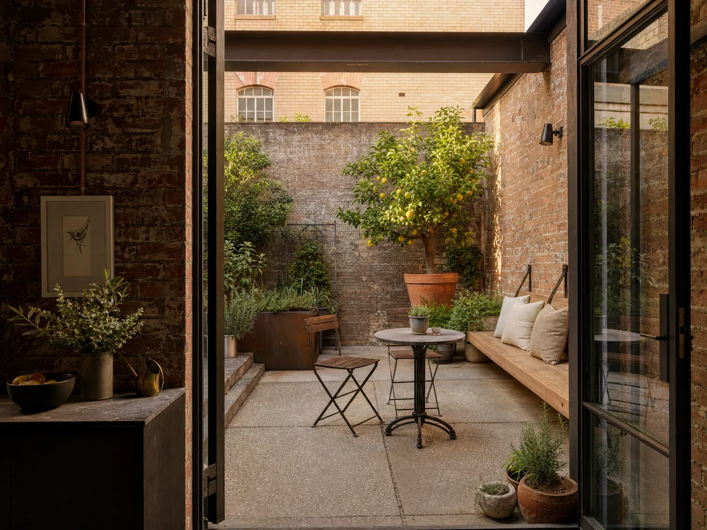 Factory Floor private courtyard with lemon tree
