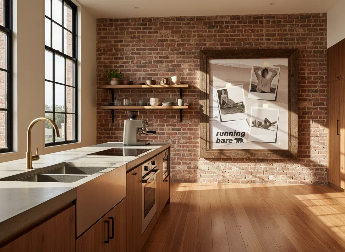Factory Floor kitchen with Running Bare artwork on the exposed brick wall