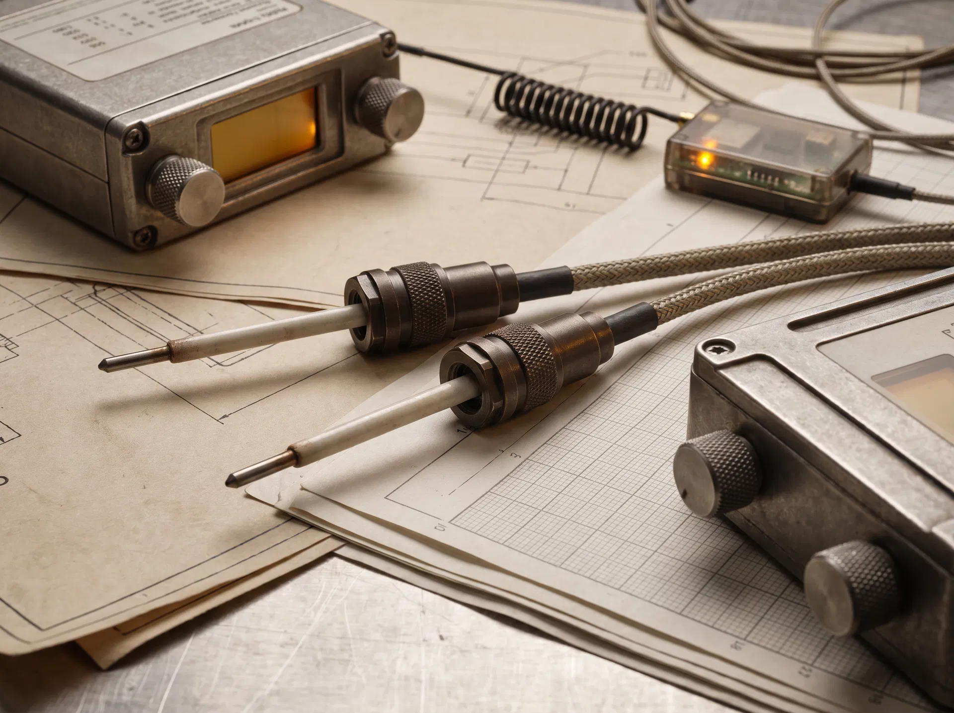 Imagem editorial de instrumentação industrial, sensores e hardware de aquisição