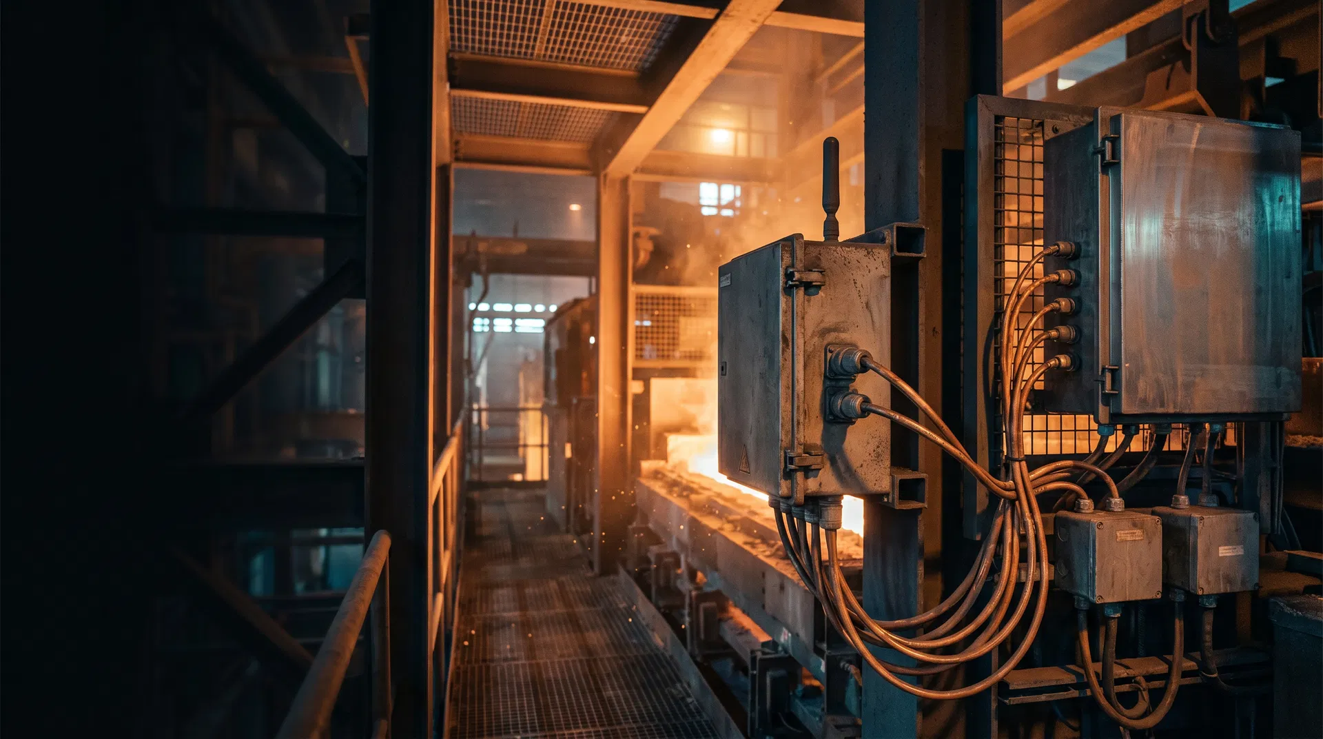 Ambiente industrial severo com instrumentação protegida próxima a processo de alta temperatura