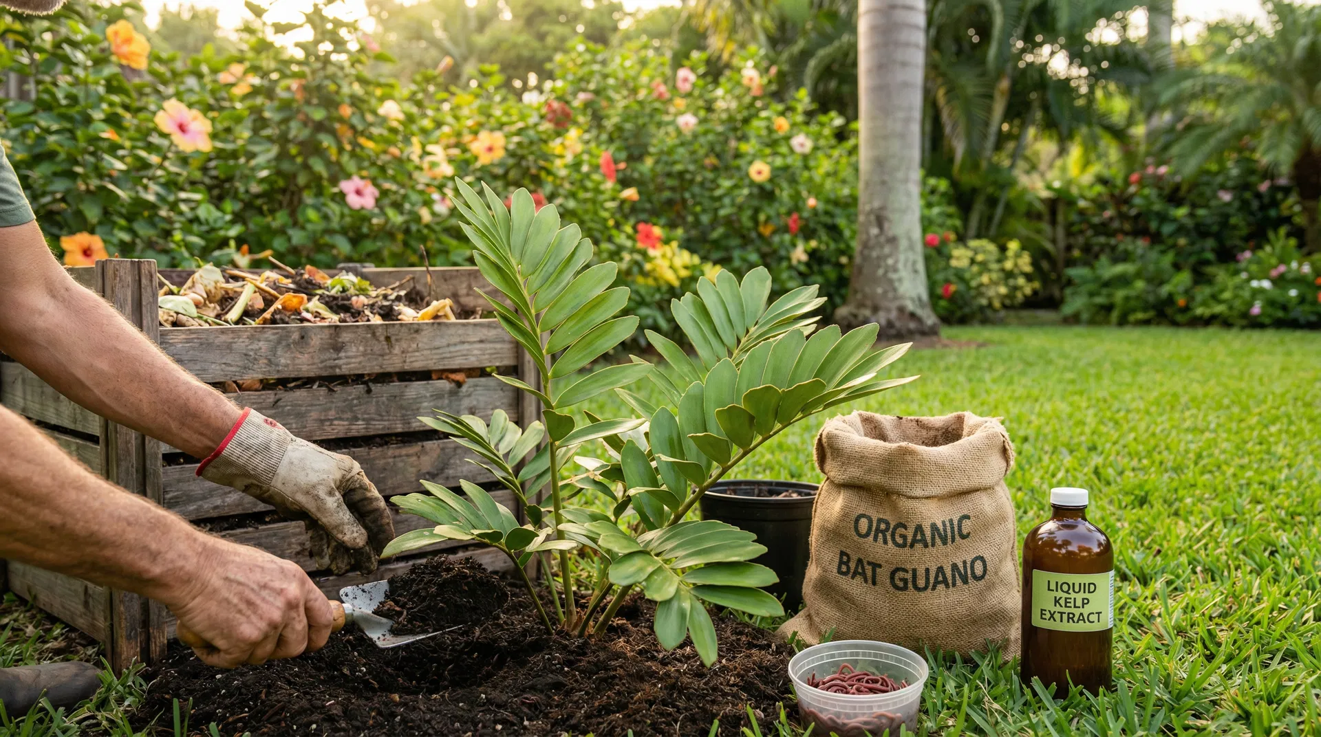 Organic fertilization with compost and worms in Miami tropical garden