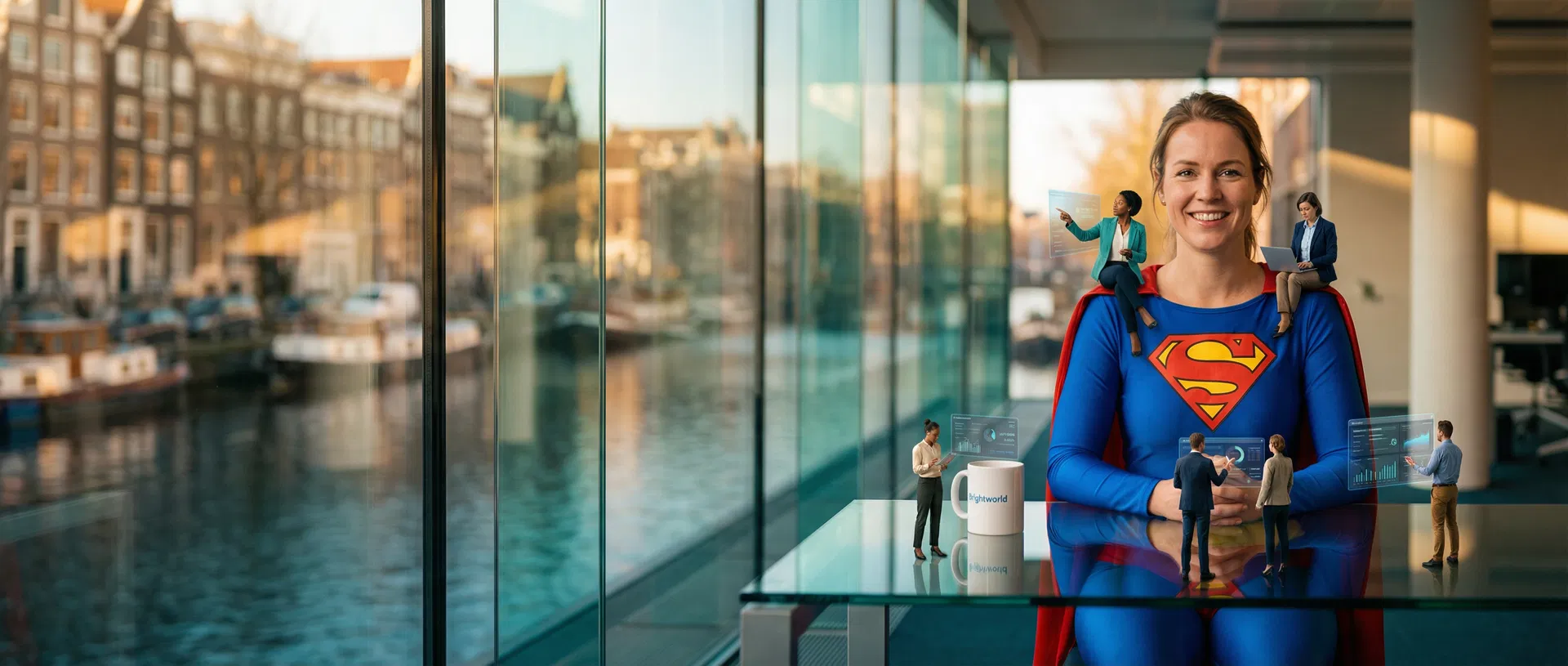 Brunette executive woman in Superman costume sits confidently at her desk while miniature AI agents on her shoulder and desk support her — modern Dutch office with Amsterdam canal golden hour