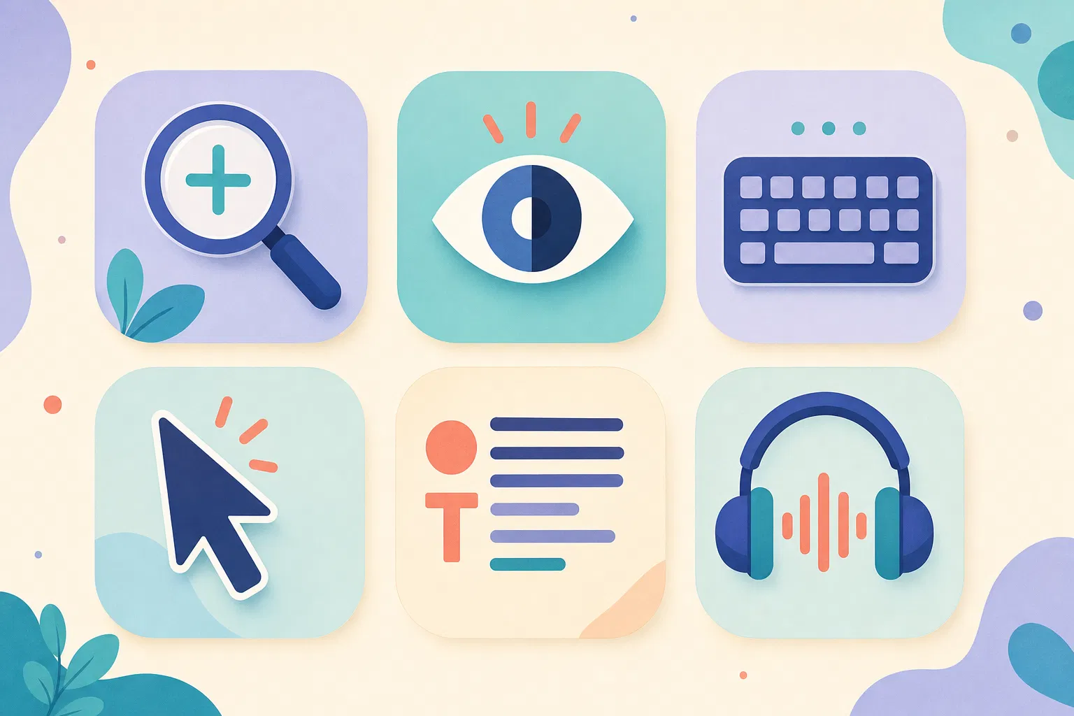 Illustration of accessibility feature icons including magnifying glass, eye, keyboard, cursor, text, and headphones