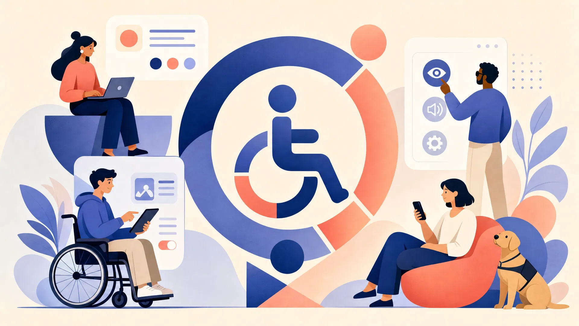 Illustration showing diverse people using accessible digital interfaces with universal accessibility symbol