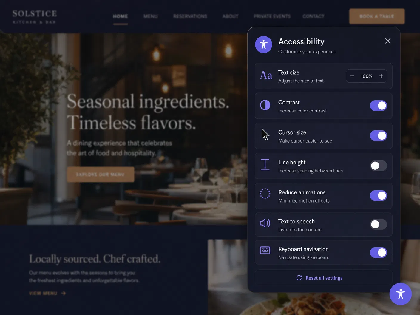 Accessibility widget preview showing the panel with various accessibility options on a restaurant website