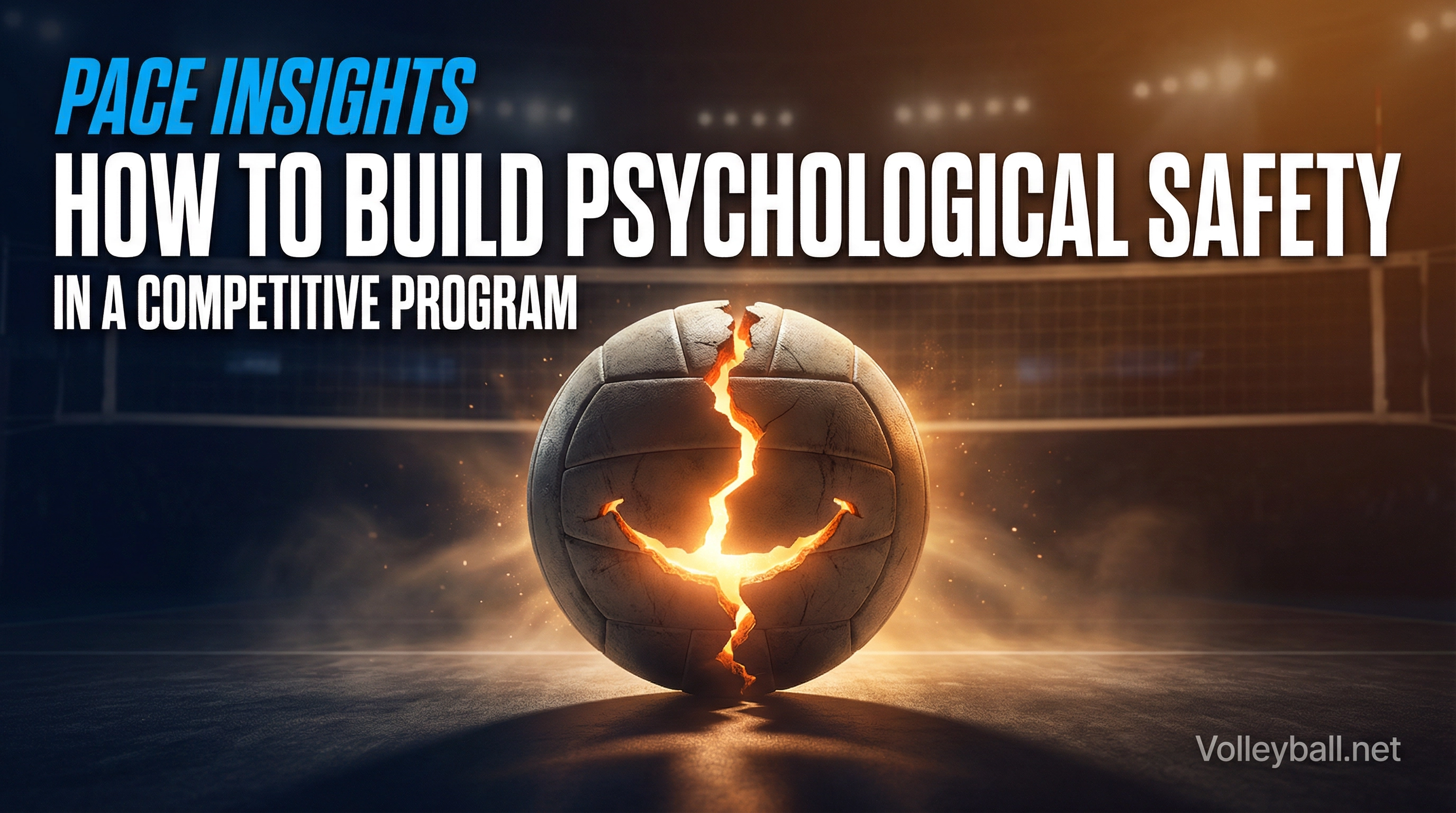 Volleyball coach kneeling at eye level with a player in a trust moment — warm gymnasium light