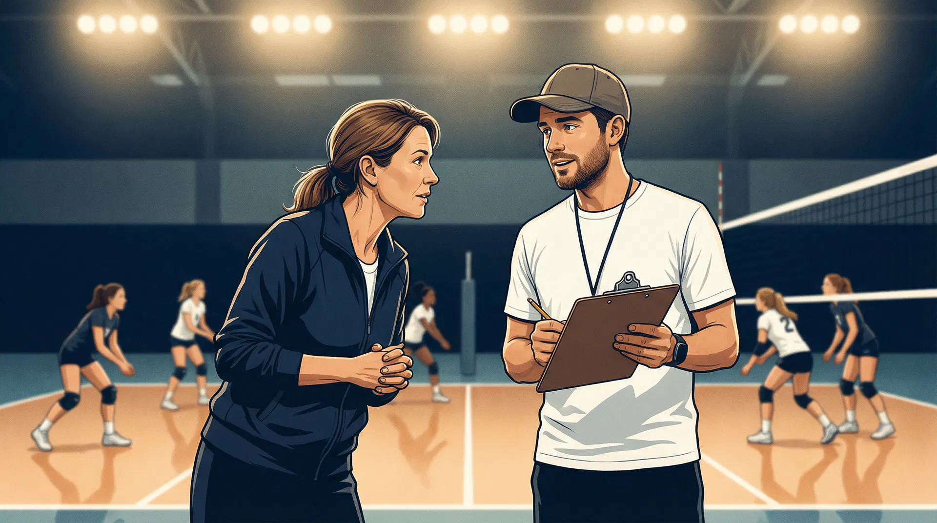A volleyball parent and coach in genuine conversation courtside during practice