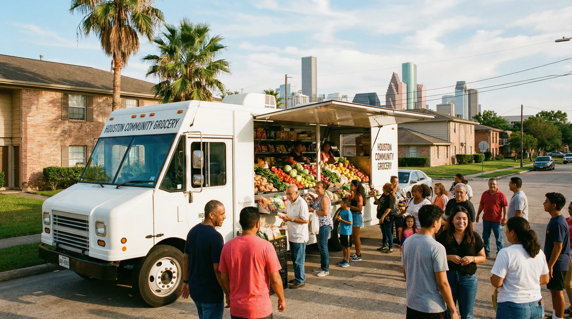 FreshDrop HTX mobile grocery truck serving a Houston neighborhood