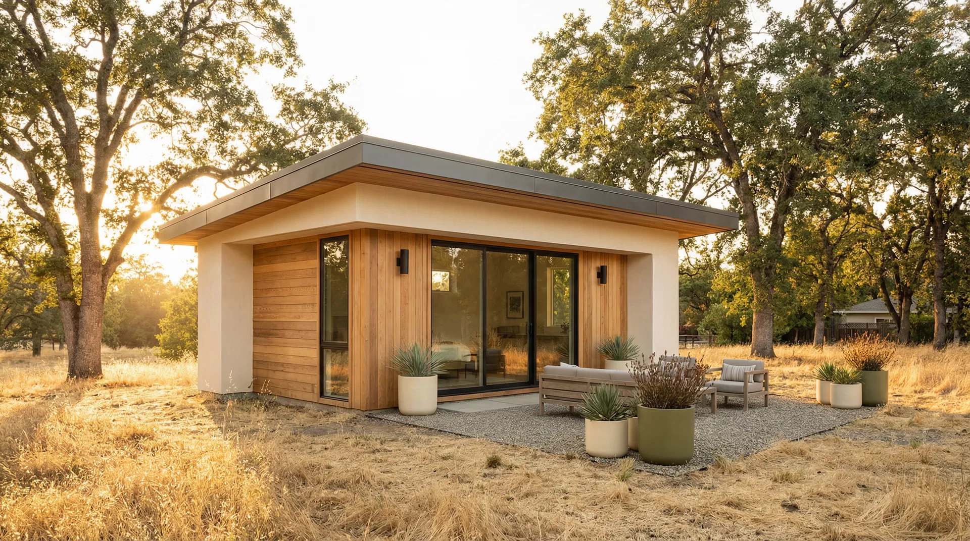 Modern ADU in Sacramento backyard with oak trees