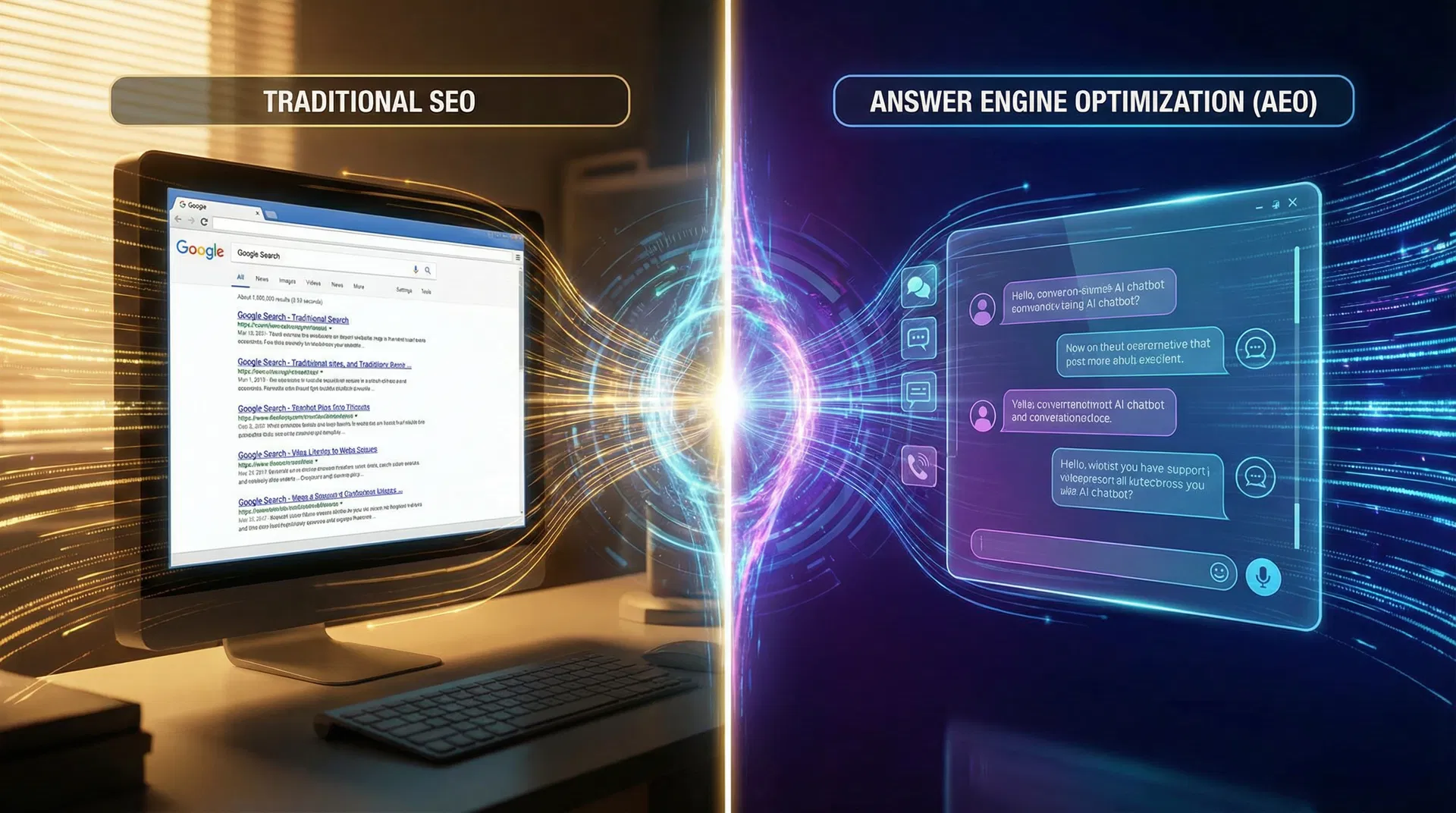 Traditionell SEO möter Answer Engine Optimization – split-screen med Google-sökresultat och AI-chatbot