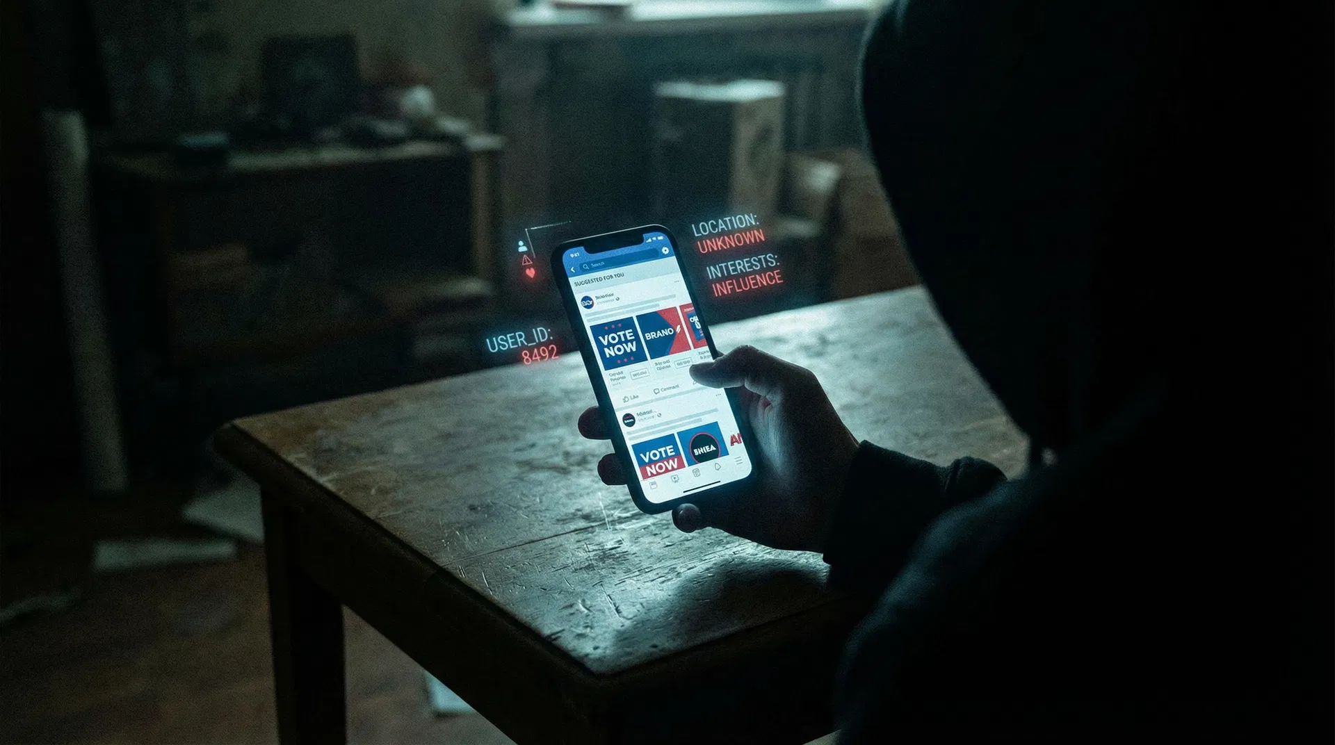 Smartphone med riktade sociala medie-annonser i mörk miljö – dark ads och mikro-targeting