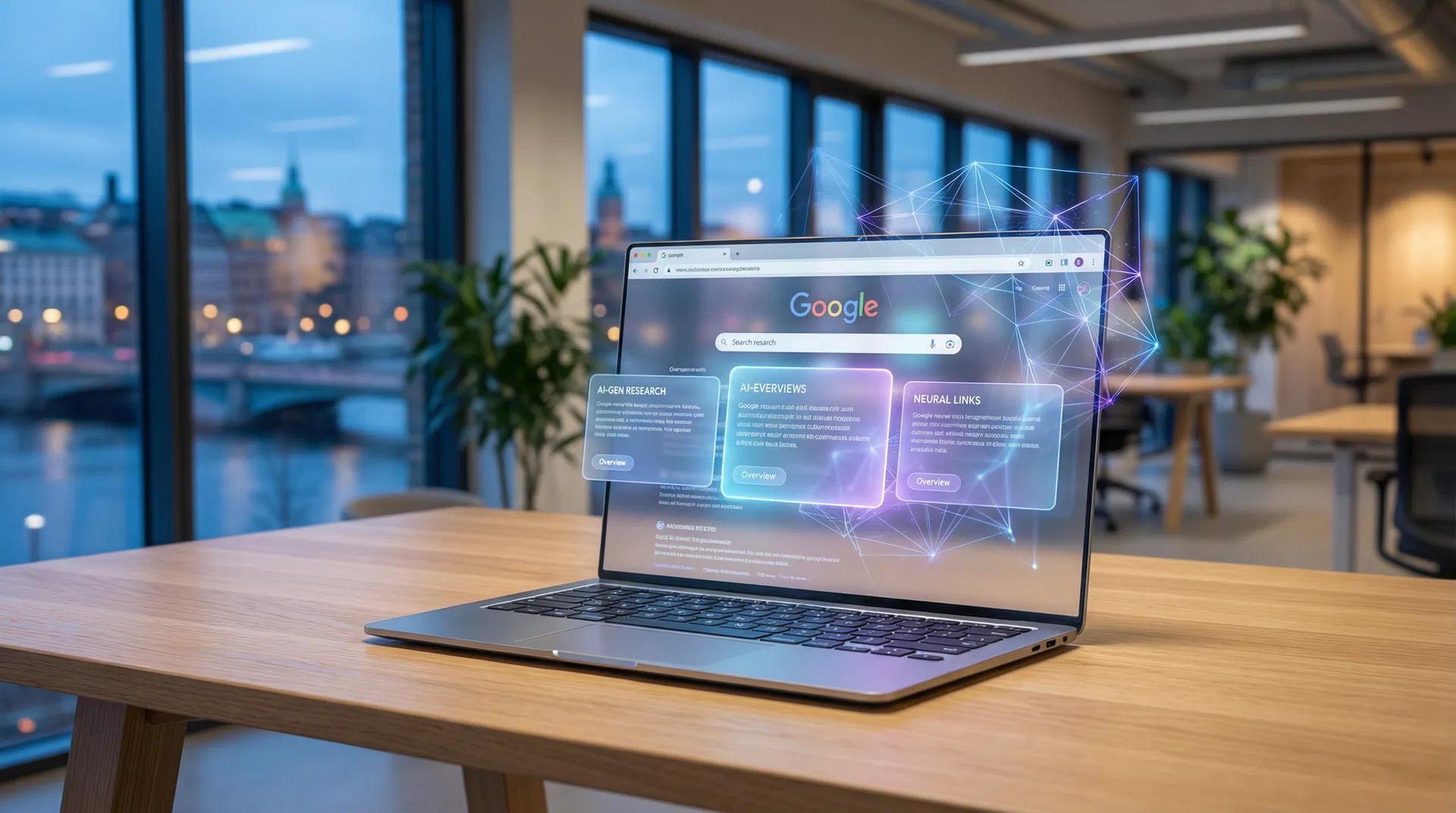 Laptop med Google AI Overviews på skärmen i nordiskt kontorslandskap – så påverkas svenska företag 2026