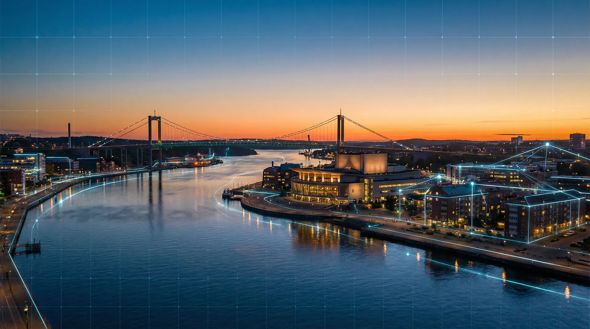 Göteborgs skyline vid skymning med digitala nätverkslinjer – digital marknadsföring i Göteborg 2026