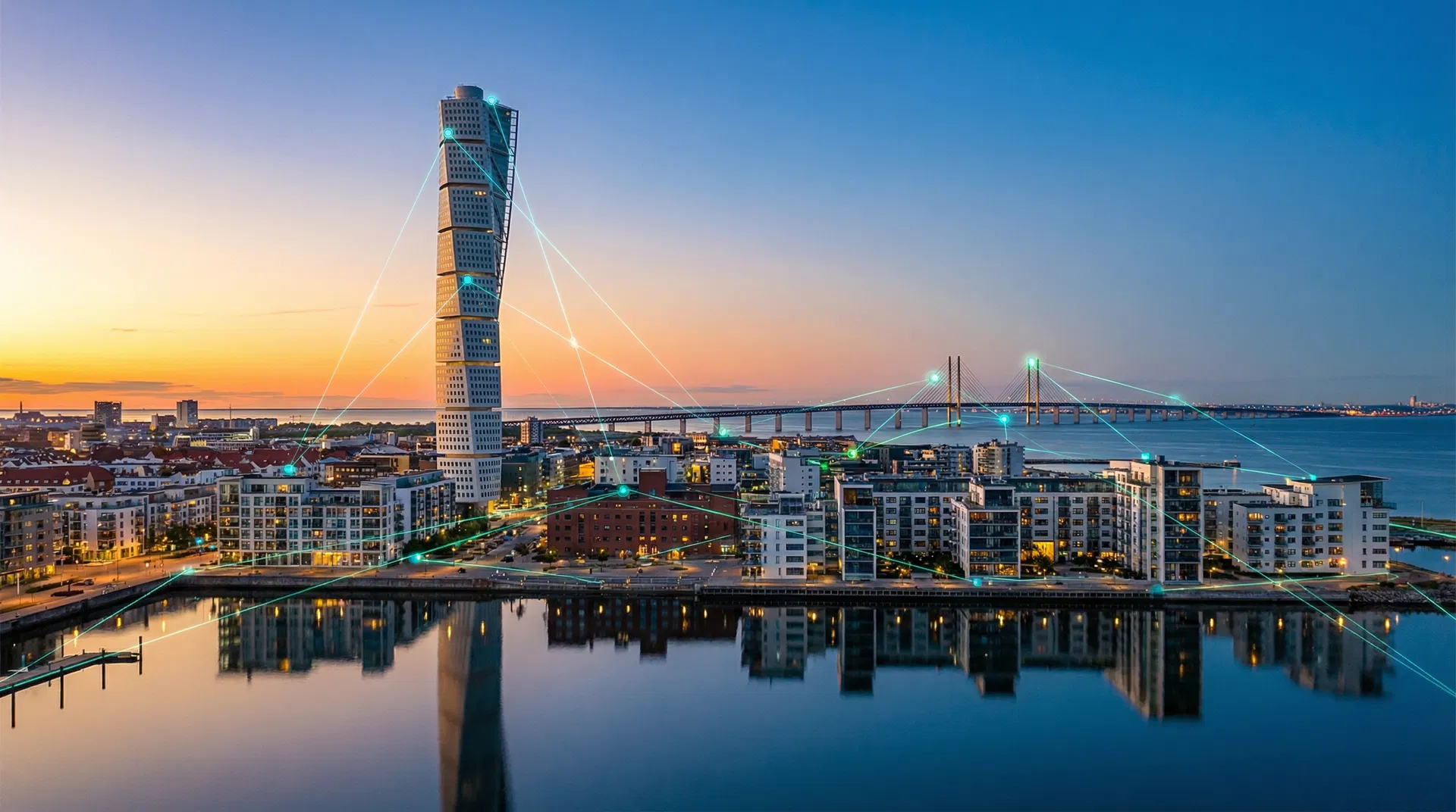 Malmös skyline med Turning Torso och Öresundsbron vid skymning – digital marknadsföring i Malmö 2026