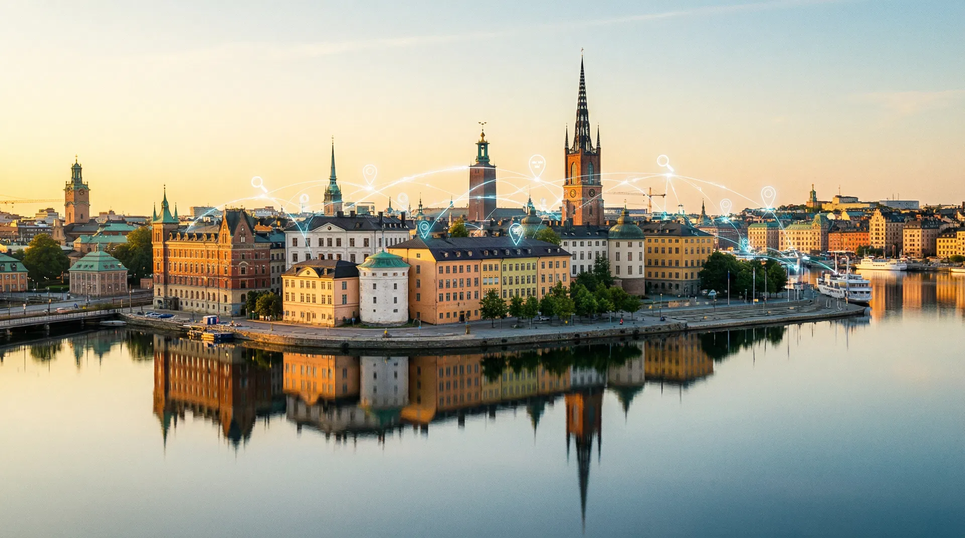 Stockholms skyline vid gyllene timmen med digitala nätverkslinjer – lokal SEO i Stockholm 2026