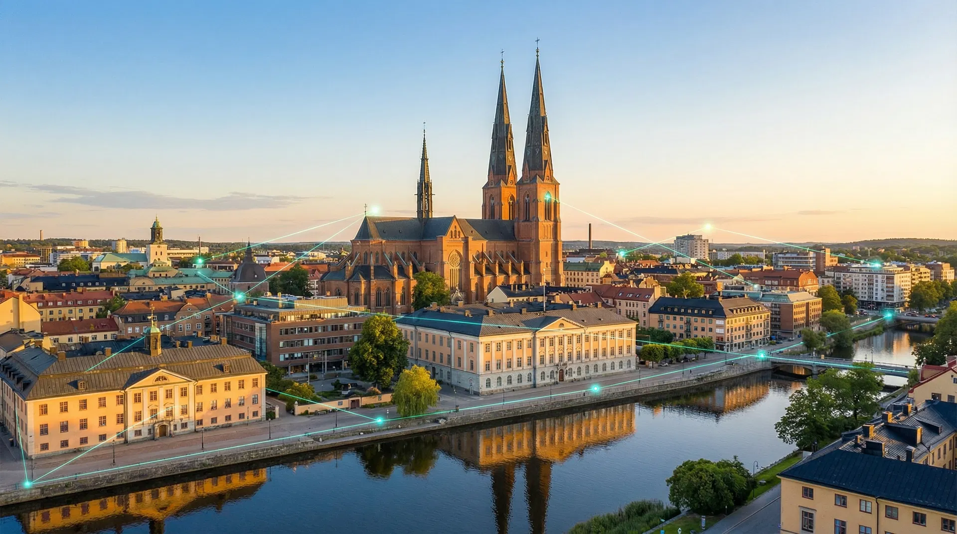 Uppsalas skyline med domkyrkan och Fyrisån vid gyllene timmen – digital marknadsföring i Uppsala 2026