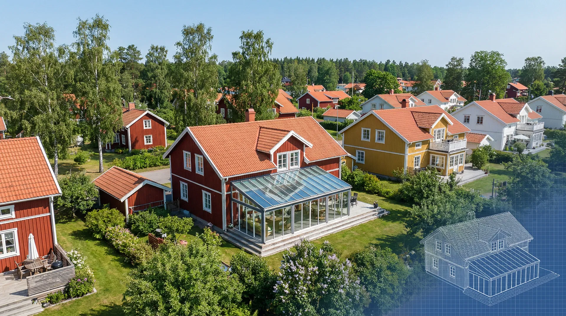 Flygvy över svenskt bostadsområde med uterum