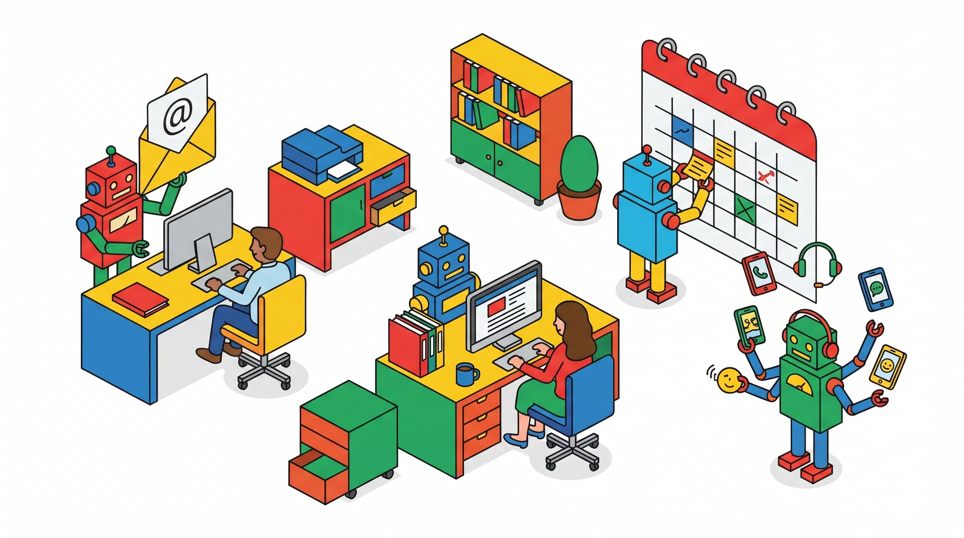 Isometric 3D illustration of AI automation workflow nodes connecting marketing, CRM, and lead generation systems for small businesses