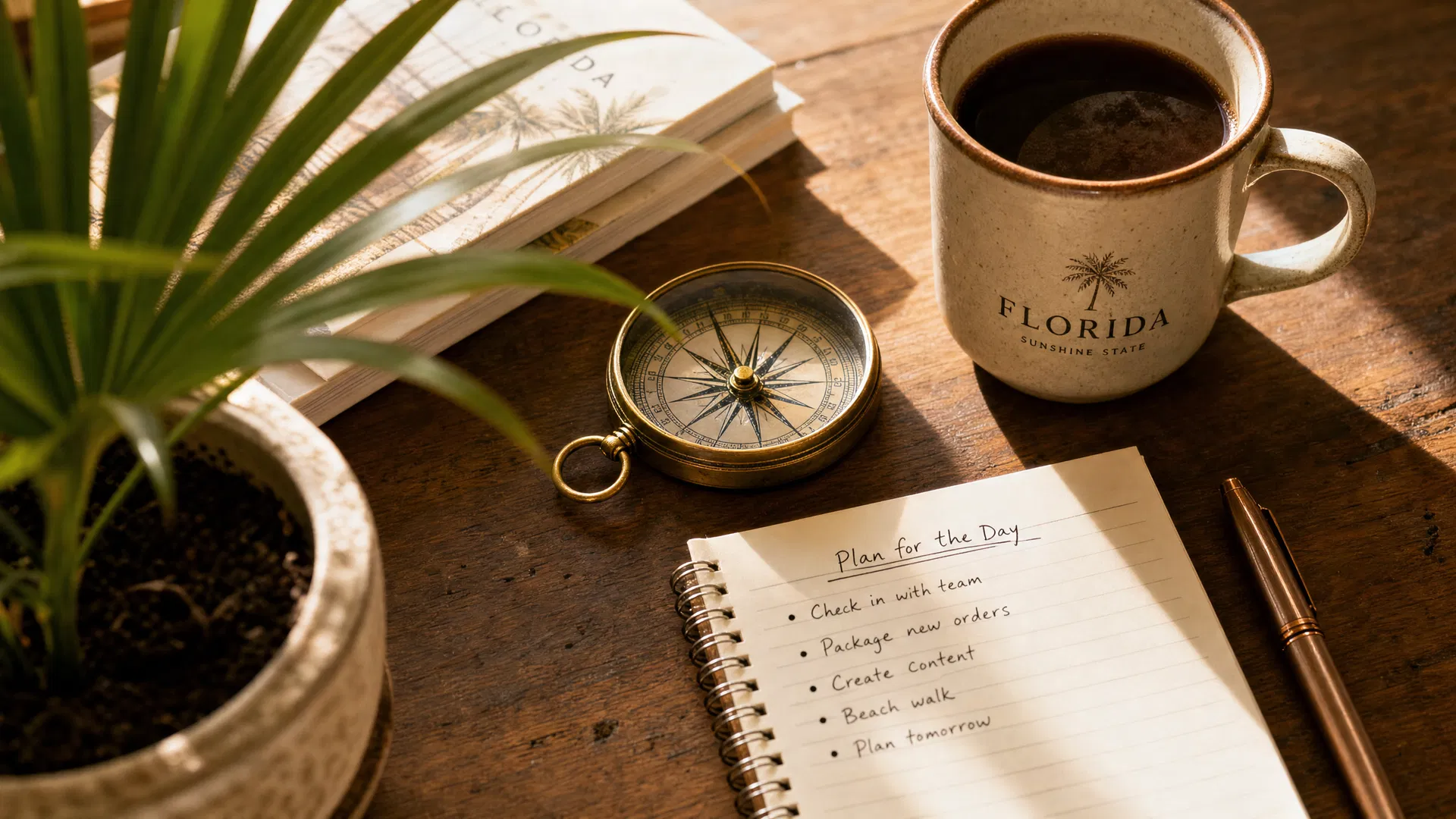 A warm editorial still-life of a Florida small business desk with a brass compass, tropical plant, handwritten notepad, and Florida coffee mug in golden morning light